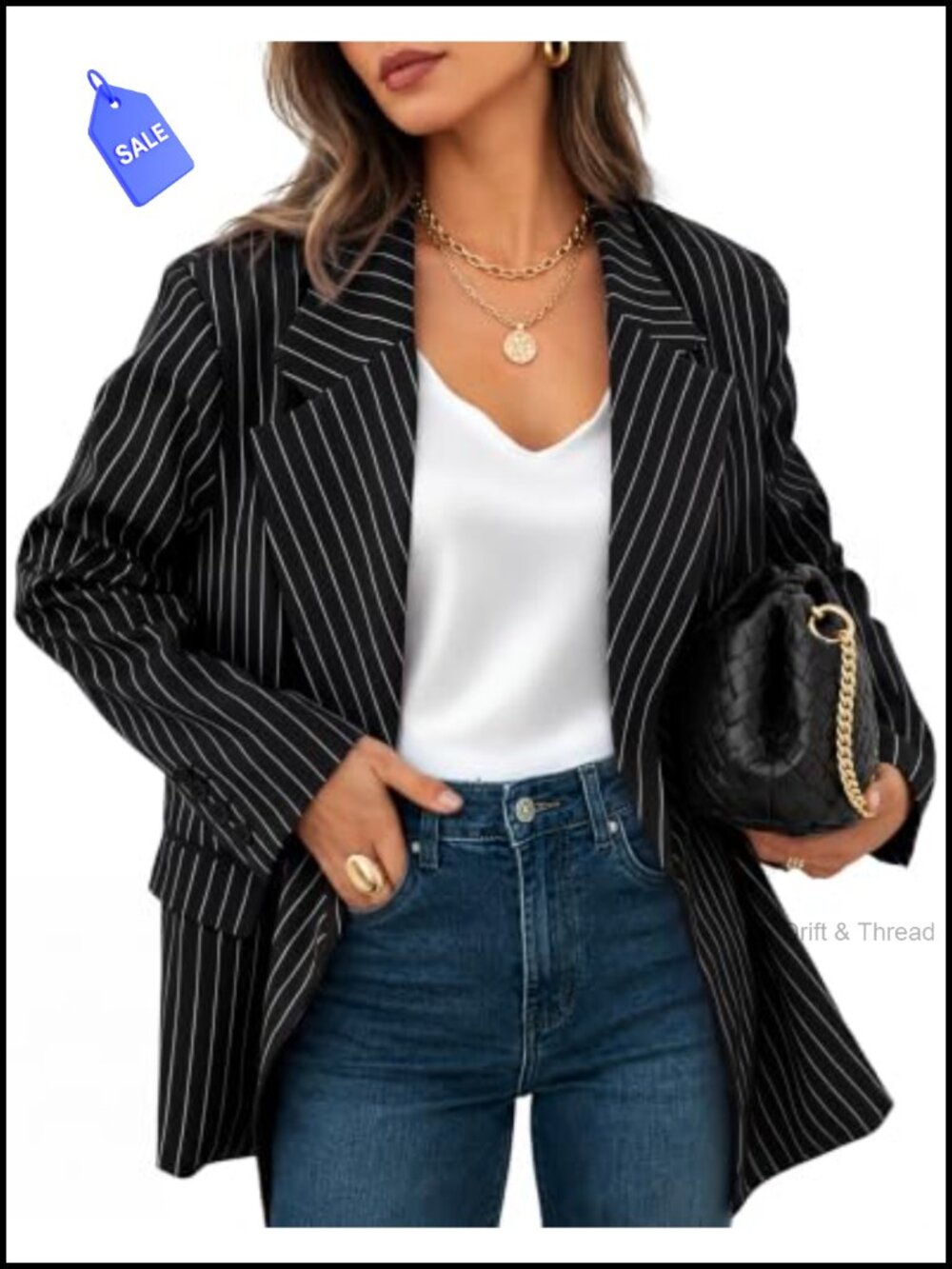 Women's Striped Business Casual Blazer Open Front Long Sleeve Loose Fit Work